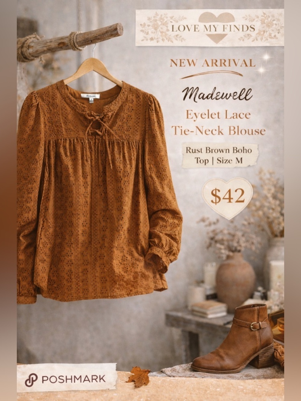 Madewell Eyelet Lace Tie-Neck Blouse | Rust Brown Boho Top Size M